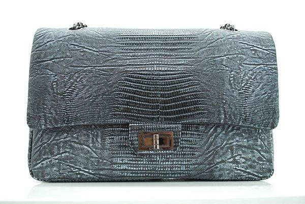 Chanel 36028 Black Lizard Veins Leather Flap Knockoff Bag With Silver Hardware