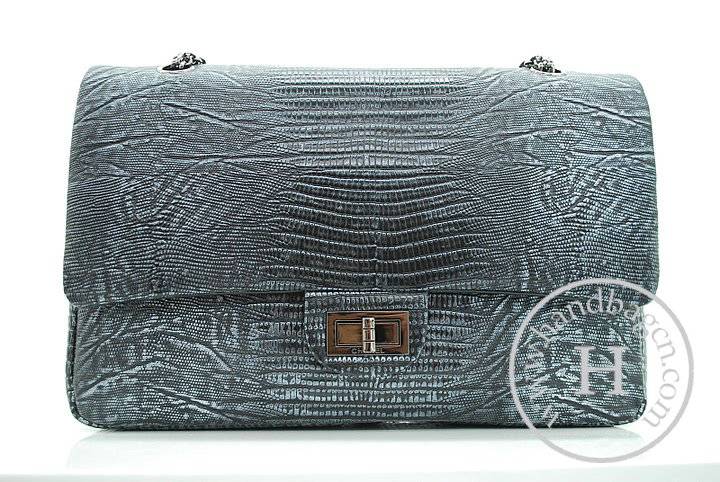 Chanel 36028 Black Lizard Veins Leather Flap Knockoff Bag With Silver Hardware