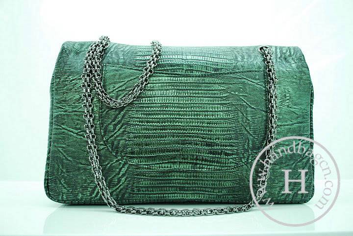 Chanel 36028 Green Lizard Veins Leather Flap Knockoff Bag With Silver Hardware