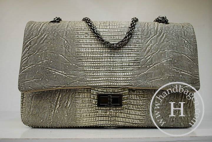 Chanel 36028 Grey Lizard Veins Leather Flap Knockoff Bag With Silver Hardware - Click Image to Close
