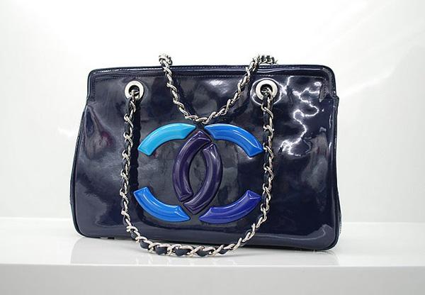Chanel 36041 Knockoff Handbag Dark Blue Lipstick Patent Leather With Silver Hardware