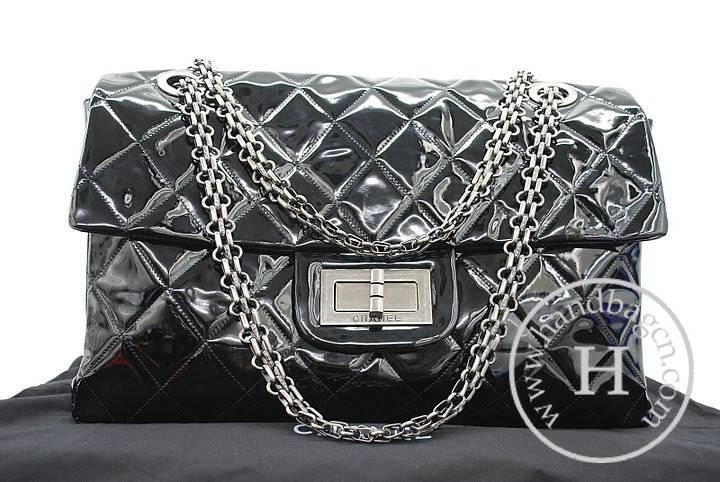 Chanel 36052 Knockoff Handbag Black Patent Leather With Silver Hardware