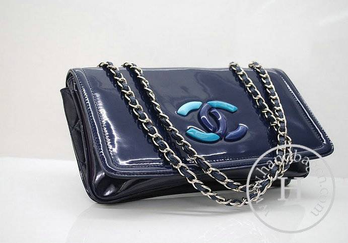 Chanel 36059 Knockoff Handbag Blue Lipstick Patent Leather With Silver Hardware
