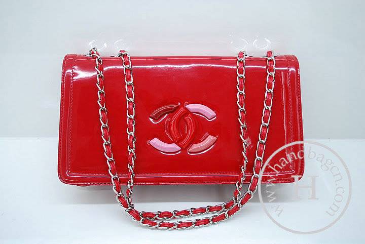 Chanel 36059 Knockoff Handbag Red Lipstick Patent Leather With Silver Hardware