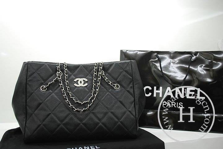 Chanel 36060 Black Caviar Leather Hobo Knockoff Handbag With Silver Hardware - Click Image to Close