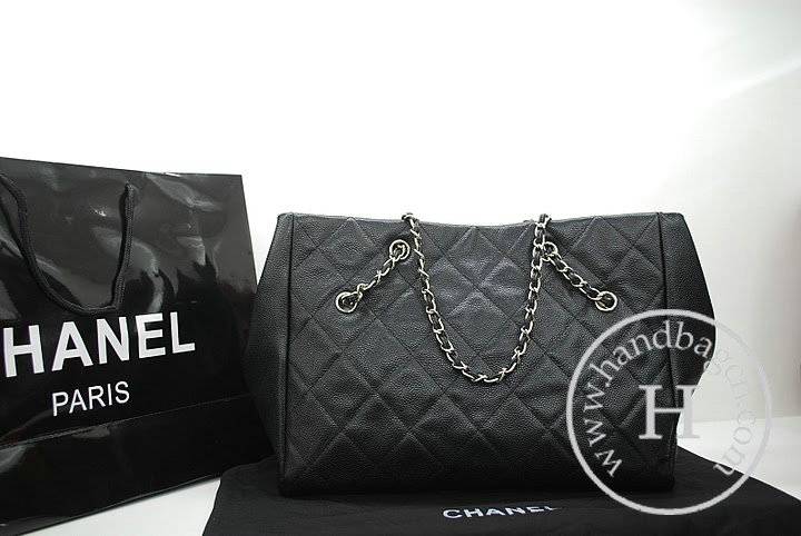 Chanel 36060 Black Caviar Leather Hobo Knockoff Handbag With Silver Hardware - Click Image to Close