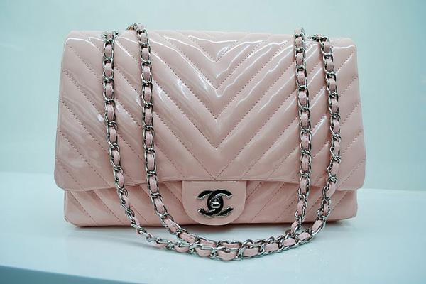 Chanel 36063 Replica Handbag Pink Patent Leather With Silver Hardware - Click Image to Close