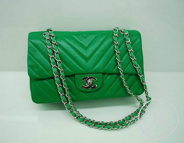 Chanel 36068 Replica Handbag Green Lambskin Leather With Silver Hardware - Click Image to Close