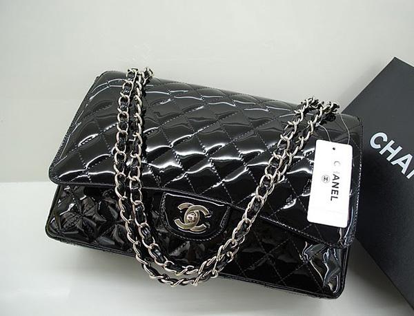 Chanel 36070 Designer Handbag Black Original Patent Leather With Silver Hardware - Click Image to Close
