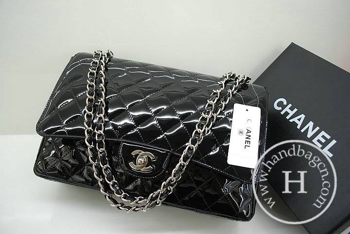 Chanel 36070 Designer Handbag Black Original Patent Leather With Silver Hardware - Click Image to Close