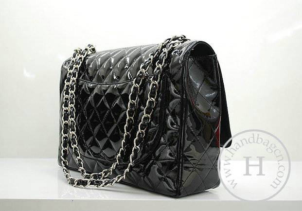Chanel 36070 Designer Handbag Black Original Patent Leather With Silver Hardware