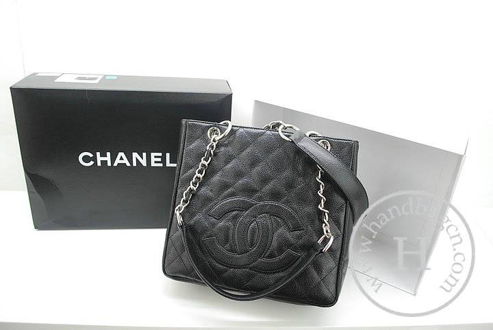 Chanel 36074 Black Caviar Leather Knockoff Handbag With Silver Hardware - Click Image to Close