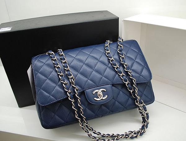 Chanel 36077 Blue Original Caviar Leather replica handbag with Silver hardware