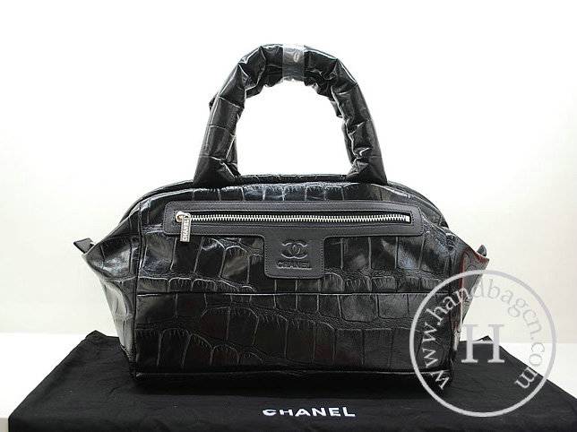 Chanel 36080 Black Croco Veins Leather Coco Cocoon Bowling Knockoff Bag - Click Image to Close