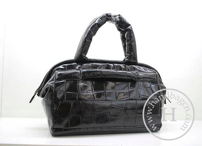 Chanel 36080 Black Croco Veins Leather Coco Cocoon Bowling Knockoff Bag