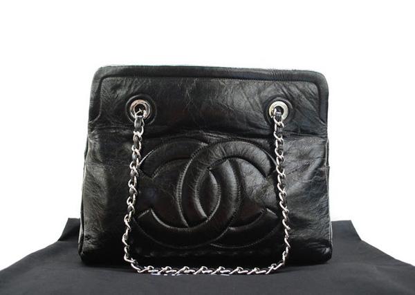 Chanel 36084 Black Shiny Leather Knockoff Handbag With Silver Hardware