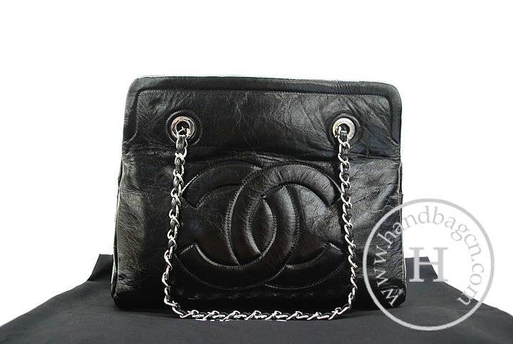 Chanel 36084 Black Shiny Leather Knockoff Handbag With Silver Hardware - Click Image to Close
