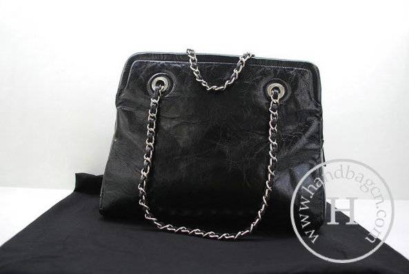 Chanel 36084 Black Shiny Leather Knockoff Handbag With Silver Hardware