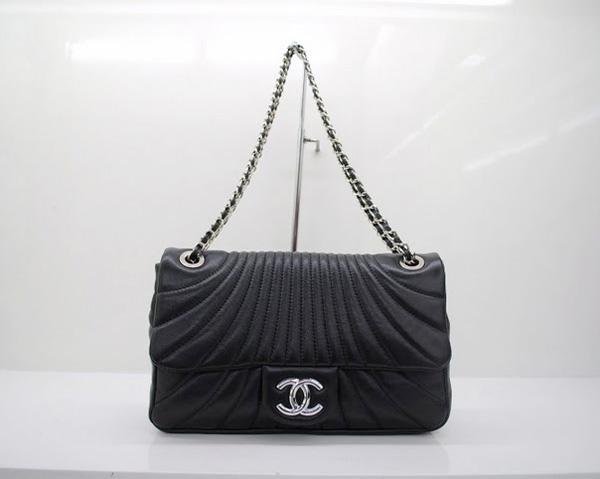 Chanel 36085 Black Lambskin Leather Knockoff Handbag With Silver Hardware