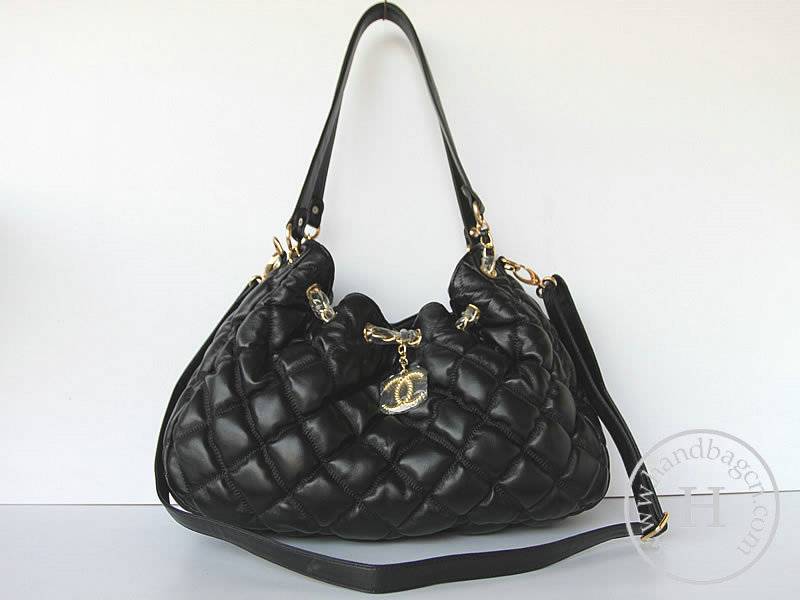Chanel 46021 Black Lambskin Leather Knockoff Handbag With Gold Hardware - Click Image to Close