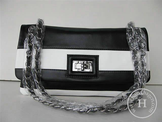 Chanel 46050 replica handbag Classic black/white lambskin leather with Silver hardware