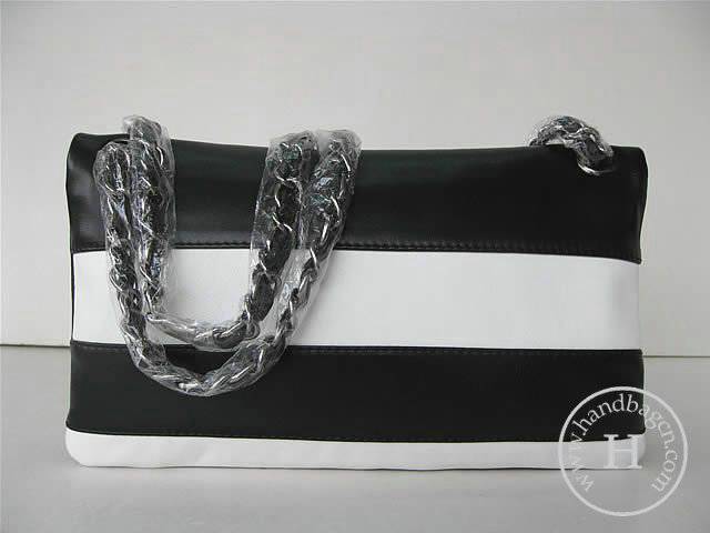 Chanel 46050 replica handbag Classic black/white lambskin leather with Silver hardware