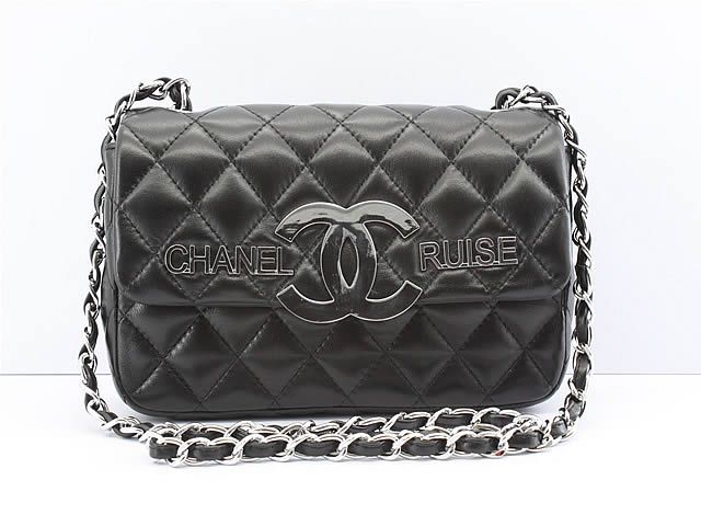 Chanel 46276 replica handbag Classic black lambskin leather with Silver hardware