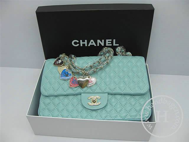 Chanel 46515 replica handbag Classic Light blue lambskin leather with Gold hardware