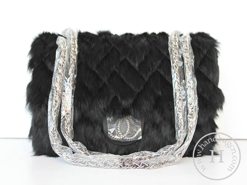 Chanel 46980 Replica Handbag Black Rabbit Hair With Silver Hardware