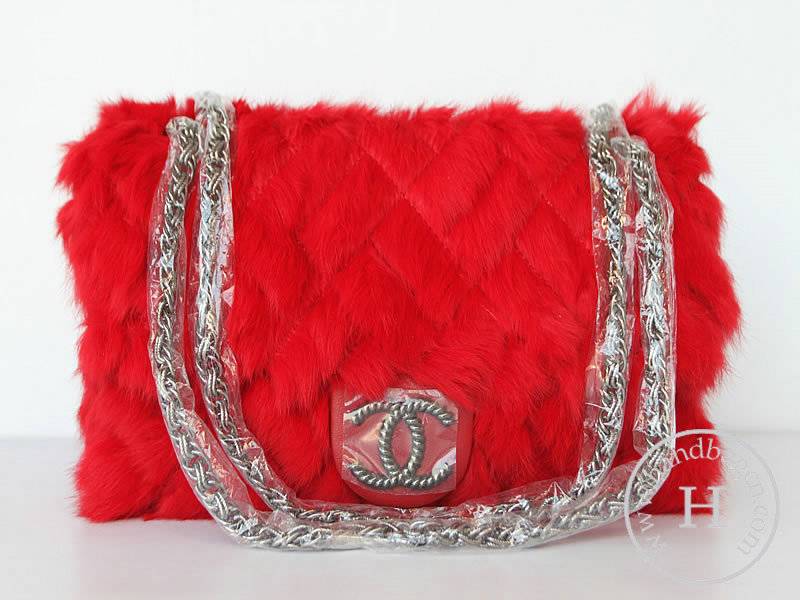 Chanel 46980 Replica Handbag Red Rabbit Hair With Silver Hardware - Click Image to Close