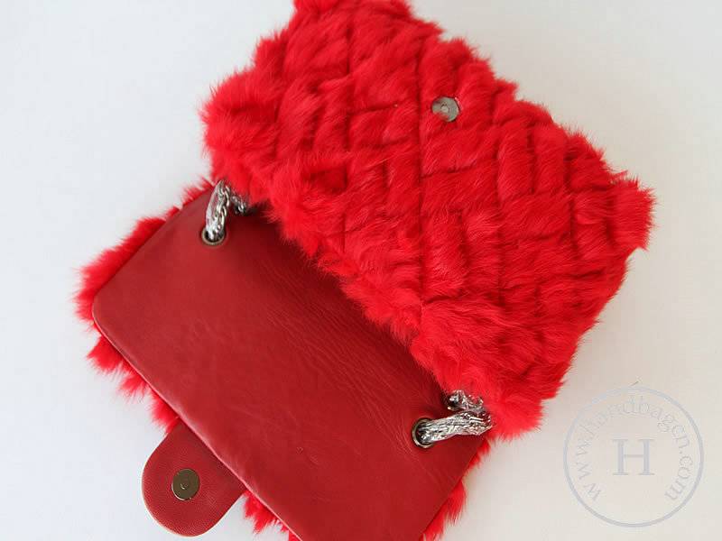 Chanel 46980 Replica Handbag Red Rabbit Hair With Silver Hardware