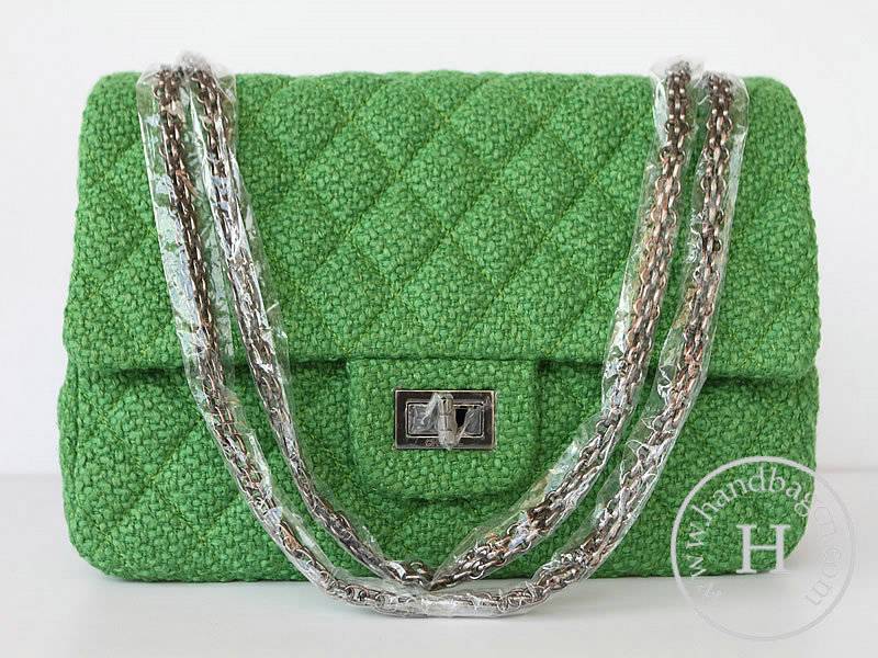 Chanel 47700 Replica Handbag Green Fabric With Lambskin Leather With Silver Hardware - Click Image to Close