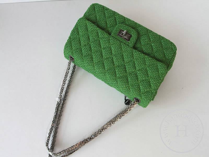 Chanel 47700 Replica Handbag Green Fabric With Lambskin Leather With Silver Hardware
