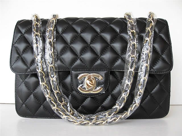 Chanel 48220 replica handbag Classic black lambskin leather with Gold hardware - Click Image to Close