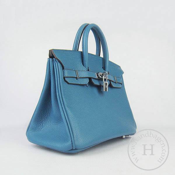 Hermes birkin 25cm 6068 Knockoff handbag middle blue Cow leather with Silver Hardware