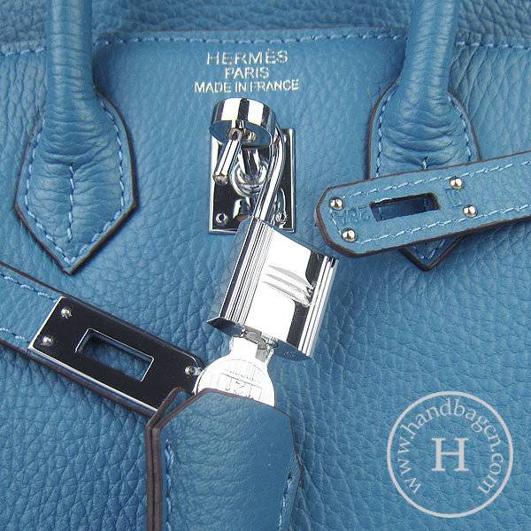 Hermes birkin 25cm 6068 Knockoff handbag middle blue Cow leather with Silver Hardware - Click Image to Close