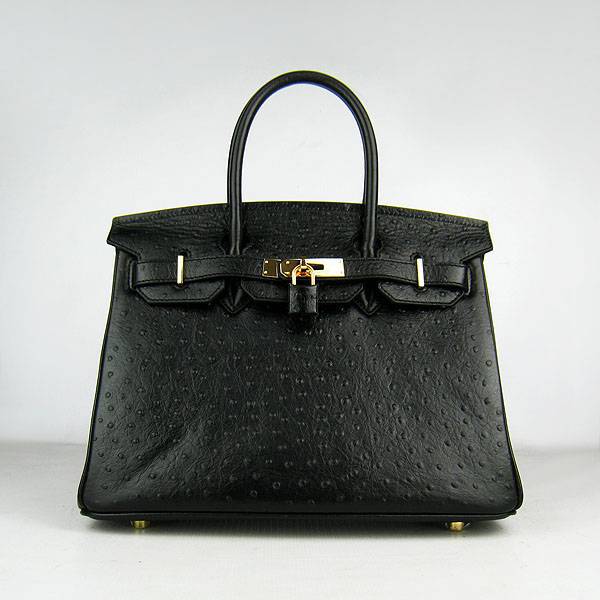 Hermes Birkin 30cm 6088 Black Ostrich Leather With Gold Hardware - Click Image to Close