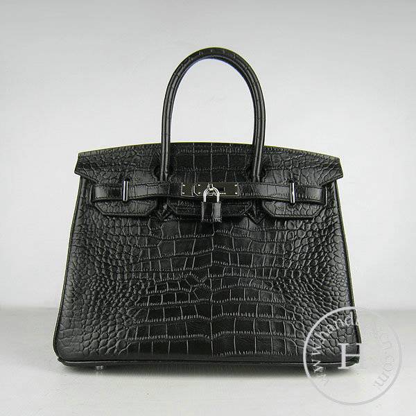 Hermes Birkin 30cm 6088 Black Alligator Leather With Silver Hardware - Click Image to Close