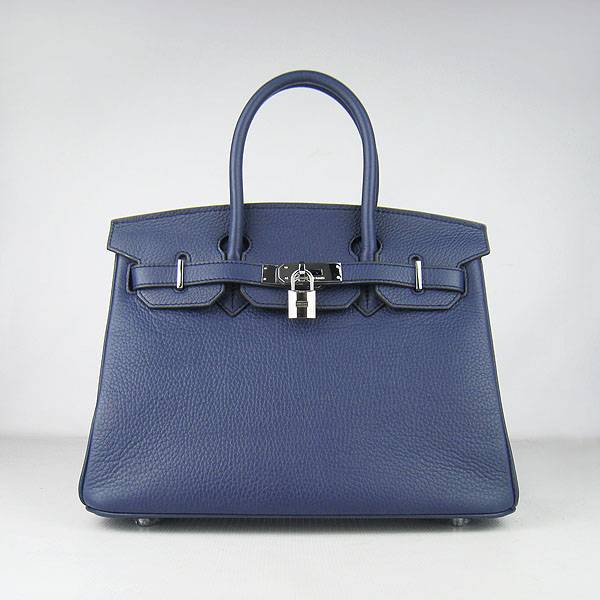 Hermes Birkin 30cm 6088 Dark Blue Calfskin Leather With Silver Hardware - Click Image to Close