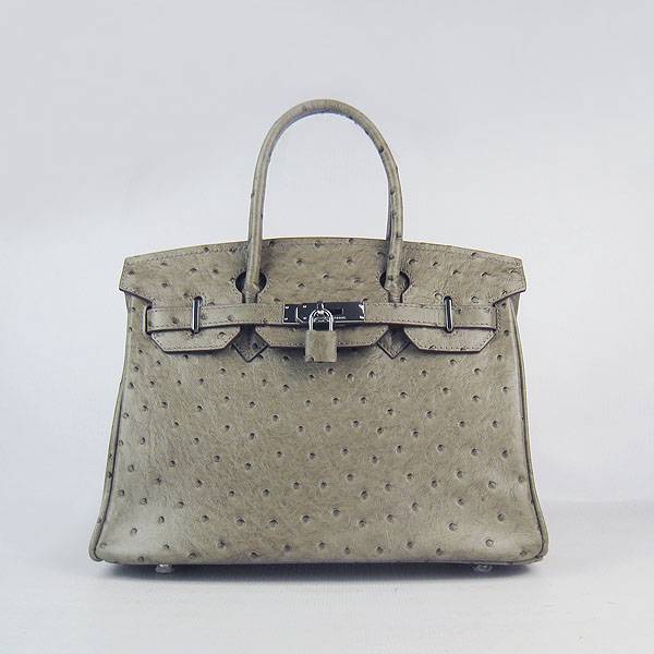 Hermes Birkin 30cm 6088 Khaki Ostrich Leather With Silver Hardware - Click Image to Close