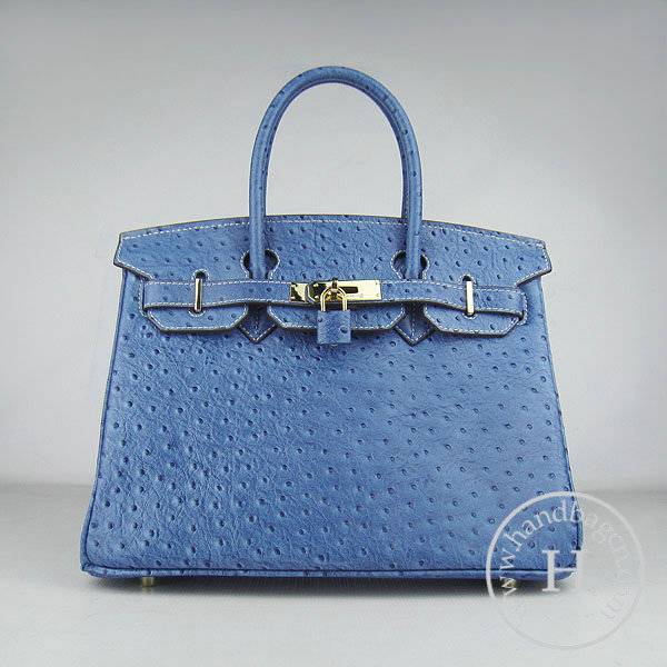 Hermes Birkin 30cm 6088 Medium Blue Ostrich Leather With Gold Hardware - Click Image to Close