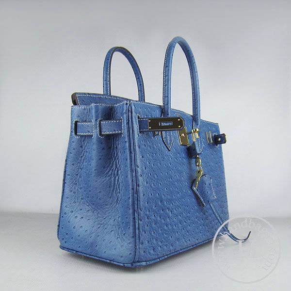 Hermes Birkin 30cm 6088 Medium Blue Ostrich Leather With Gold Hardware