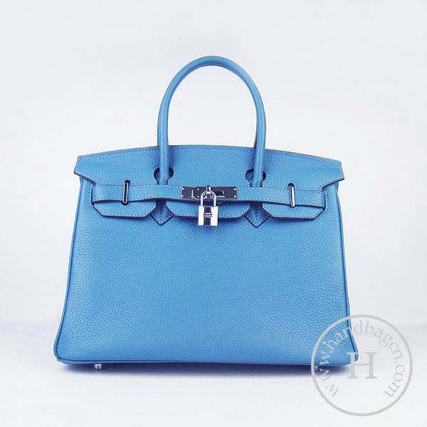 Hermes Birkin 30cm 6088 Medium Blue Calfskin Leather With Silver Hardware - Click Image to Close