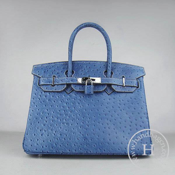 Hermes Birkin 30cm 6088 Medium Blue Ostrich Leather With Silver Hardware - Click Image to Close