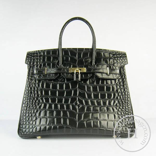 Hermes Birkin 35cm 6089 Black Big Alligator Leather With Gold Hardware - Click Image to Close