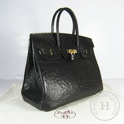 Hermes Birkin 35cm 6089 Black Ostrich Leather With Gold Hardware - Click Image to Close