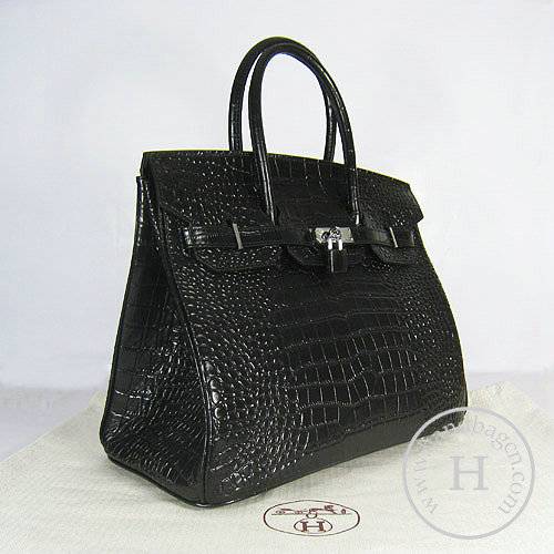 Hermes Birkin 35cm 6089 Black Alligator Leather With Silver Hardware