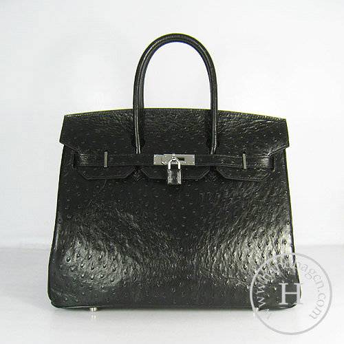 Hermes Birkin 35cm 6089 Black Ostrich Leather With Silver Hardware - Click Image to Close