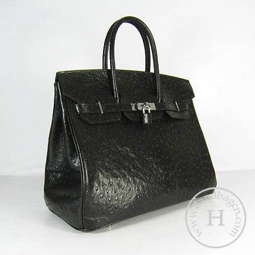 Hermes Birkin 35cm 6089 Black Ostrich Leather With Silver Hardware - Click Image to Close
