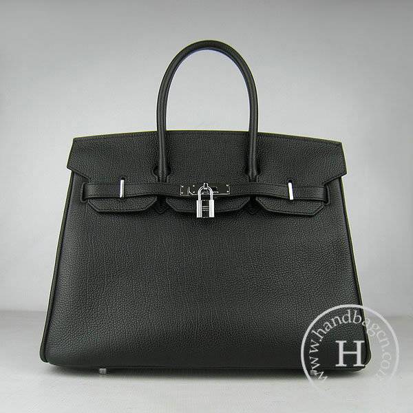 Hermes Birkin 35cm 6089 Black Cow Leather With Silver Hardware - Click Image to Close
